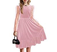 Arshiner Mädchen Langarm Samt Kleid Rundhal Kinderkleid A Line Swingkleid Festlicheskleid Rüschen Winterkleid Kinder Partykleid Einfarbig Geburtstagkleid mit Tasche Rosa 150/11-12 Jahre