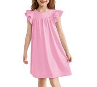 Arshiner Mädchen Nachthemd Flatterärmel Schlafkleid Kinder Sommer Kurzarm Schlafanzug Kleid Niedlichen Rundhals Nachtkleid 13-14 Jahre Rosenrot