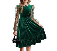 Arshiner Mädchen Samt Kleid Lange Mesh Ärmel Kinderkleid A Line Freizeitkleid Einfarbig Festlicheskleid Kinder Weihnachtskleid Herbstkleid mit Tasche Partykleid Grün 140/10-11 Jahre