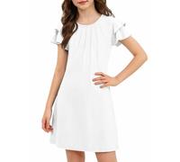 Arshiner Mädchen Sommer Plissiertes Gewellte Ärmel Freizeit Festlich Kleid Kinder T-Shirt Kleid Jersey Kleider Kurzarm Rundhals A-Linie Kinderkleid Weiß 140 9-10 Jahre
