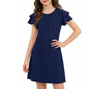 Arshiner Mädchenkleider Plissiertes Gewellte Ärmel Freizeit Festlich Kleid Kinder Sommer Kleider Rundhals A-Linie T-Shirt Kleid Jersey Kleider für Mädchen Marineblau 130 8-9 Jahre