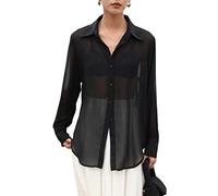 Arssm Durchsichtige Damenbluse mit Knopfleiste, Netzstoff, langärmelig, sexy, durchsichtig, modisch, trendig, Netzhemden, Schwarz, X-Groß