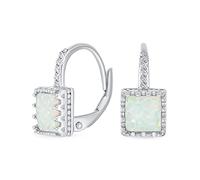 Art Deco Stil Edelstein Filigran Krone Einstellung Quadrat Solitär Weiße Künstliche Opal Geburtsstein Ohrringe Für Frauen .925 Sterling Silber Bügel