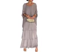 Artistic Style Loose Dress Damen Casual A-Linie Fledermausärmel Kleid Rundhals 3/4 Ärmel Urlaub Maxi, grau, X-Large