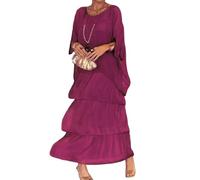 Artistic Style Loose Dress Damen Casual A-Linie Kleid Rundhals Fledermausärmel Langes Kleid Boho Urlaub Maxi, rot, Small