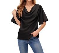 ArtJuly Bluse Damen Sommer Elegant Satin Blusen Kurzarm Wasserfallkragen Tunika Tops Glockenärmel Kurzarm Lockerer Shirt Fließende Festliche Oberteile Top,Schwarz,S