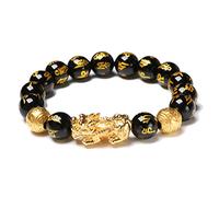 Asamio Feng Shui Perlenarmband, schwarzer Obsidian Perlenarmband, chinesisches Armband mit handgeschnitztem Amulett und Pi Xiu Glücksarmband, Wohlhabendes Armband Damen Herren
