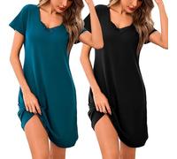 Aseniza 2er Nachthemd Damen Kurzarm Schlafshirt Kurz Spitze Sleepshirt Sommer Schlafhemd Kurze Ärmel Nachtwäsche Nightdress Baumwolle V-Ausschnitt Schwarz Blau M