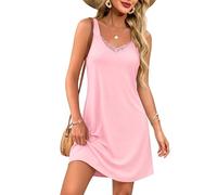 Aseniza Nachthemd Damen Ärmellos Schlafshirt Kurz Spitze Sleepshirt Sommer Baumwolle Schlafhemd Sexy Negligee Nachtwäsche Nightdress V-Ausschnitt Rosa M