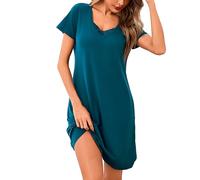 Aseniza Nachthemd Damen Kurzarm Schlafshirt Kurz Spitze Sleepshirt Sommer Schlafhemd Kurze Ärmel Nachtwäsche Nightdress Baumwolle V-Ausschnitt Blau L