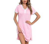 Aseniza Nachthemd Damen Kurzarm Schlafshirt Sommer Sexy Baumwolle Nightdress Schlafkleid Sleepwear Nightgown Nachtkleid Spitze V-Ausschnitt Rosa L