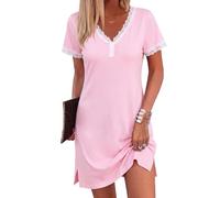 Aseniza Nachthemd Damen Kurzarm Schlafshirt Sommer Sexy Baumwolle Sleepwear Nightdress Nightgown Schlafkleid Nachtkleid Spitze V-Ausschnitt Rosa XXL
