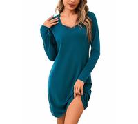 Aseniza Nachthemd Damen Langarm Schlafshirt Baumwolle Spitze Sleepshirt Winter Schlafhemd Lange Ärmel Nachtwäsche Nightdress V-Ausschnitt Blau XL