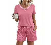 Aseniza Schlafanzug Damen Kurz Pyjama Kurzarm Nachtwäsche Shorty Baumwolle Sleepwear Sommer Loungewear Zweiteiliges Set mit Kurzer Hose und Oberteil mit Spitzen-V-Ausschnitt Rosarot XXL