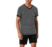 Aseniza Schlafanzug Herren Kurz Pyjama Set Baumwolle Kurzarm Sommer Nachtwäsche Shorty mit Geringeltem T-Shirt und Schlafanzughose für Männer Schwarz，M