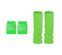 ASFWAGQ 2 Stück Elastische Neon Beinstulpen und Netzhandschuhe Set, Beinwärmer Socken, Fischnetz Handschuhe, Gestrickte Beinlinge für den Winter, 80er Jahre Kostüm Zubehör (Fluoreszierend Grün)
