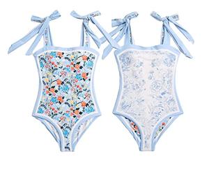 Asher Fashion Einteiliger Damen-Badeanzug für Damen, Bauchkontrolle, wendbar, Bustier, Blumendruck, Monokini, Blau, S
