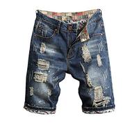 Ashion Herren-Jeans-Shorts, locker, lässig, zerrissen, ausgefranst, Blumenmuster, Denim-Shorts, Herren-Hosenträger für Hosen mit Knöpfen, Arbeitshose, elastische Taille, blau, 40