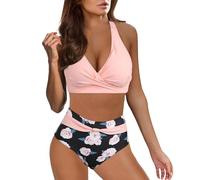Ashleyzj Bikini Damen Set Zweiteiliger Sexy Badeanzug V Ausschnitt überkreuztes Bauchweg Bademode Blumenmuster Bikinis High Waist Bademoden Bauchkontrolle Bikini Sets Swimwear Badebekleidung