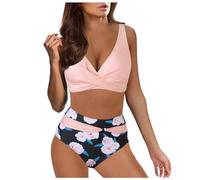 Ashleyzj Bikini Damen Set Zweiteiliger Sexy Badeanzug V Ausschnitt überkreuztes Bauchweg Bademode Blumenmuster Bikinis High Waist Bademoden Bauchkontrolle Bikini Sets Swimwear Badebekleidung