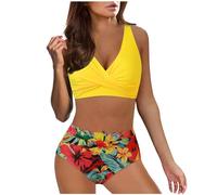 Ashleyzj Bikini Damen Set Zweiteiliger Sexy Badeanzug V Ausschnitt überkreuztes Bauchweg Bademode Blumenmuster Bikinis High Waist Bademoden Bauchkontrolle Bikini Sets Swimwear Badebekleidung