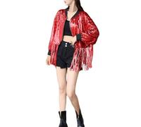 Ashleyzj Damen Glitzer Pailletten Jacke Fransen Jeansjacke Langarm Quasten Pailletten College Party Jacken Hiphop Bomberjacke Fliegenjacke Bikerjacke Outwear Konzert Outfits (Red, One Size)