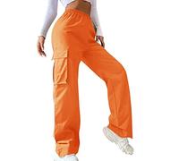 Ashleyzj Fallschirmhosen Cargohose Damen Baggy,Lange Hosen Elastische Taille Hose Streetwear,Hip Hop Schnürung Frauen 90er Aesthetic Vintage Lang Freizeithose Parachute Track Pants (Orange, L)