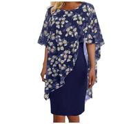 Ashleyzj Kleid Damen Elegant Abendkleid Große Größe Chiffon Cape Cocktailkleid Knielang Blumendruck Abendkleid mit Overlay Chiffonkleid Partykleid Zweiteiliges Set Kleider Cardigan Kleid (Blue, L)