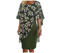 Ashleyzj Kleid Damen Elegant Abendkleid Große Größe Chiffon Cape Cocktailkleid Knielang Blumendruck Abendkleid mit Overlay Chiffonkleid Partykleid Zweiteiliges Set Kleider Cardigan Kleid (Green, XXL)