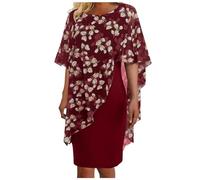 Ashleyzj Kleid Damen Elegant Abendkleid Große Größe Chiffon Cape Cocktailkleid Knielang Blumendruck Abendkleid mit Overlay Chiffonkleid Partykleid Zweiteiliges Set Kleider Cardigan Kleid (Red, XL)