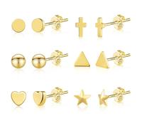 ASH'S CHOICE 6 Paar 14k Vergoldet Multipack Ohrstecker Knorpel Kleine Ohrringe Set 9ct Gold Ohrstecker Herz Kugel Stern Dreieck Silber 925 Ohrringe Gold 585 333 Damen Frauen