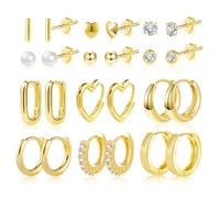ASH'S CHOICE Ohrringe Gold Set, 12 Paar Multipack Creolen Gold Ohrstecker Kleine Set, Silber 925 Creolen Eckig Oval Herz Kleine Perlen Kugel Zirkon Ohrstecker 9ct Ohrringe für Damen