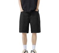ASIYAN Baggy Jeans Herren Kurz Vintage Jeanshose Gerades Bein Herren-Shorts Mit Tasche Knielang Denim Sommer Lockere Kurze Hosen Männer Einfarbig Jeansshort Einfarbig Freizeitshorts(Noir,L)