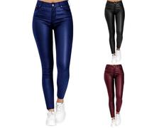 ASIYAN Damen Leggings Aus Kunstleder Mit Hohem Bund, Push-up-Effekt for Den Po, Dehnbar, Figurbetont, Aus PU, Sexy, In Petite/Normal/Tall, Wetlook-Shaping-Sporthose for Sport(Blue,XL)