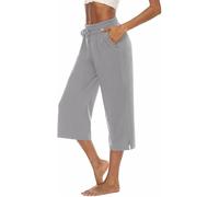 ASKSA Damen 3/4 Hose Caprihose Weites Bein Bequeme Freizeithosen Jogginghose Lose Yoga Sweathose Sommerhose mit Taschen (Grau,M)