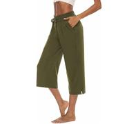 ASKSA Damen 3/4 Hose Caprihose Weites Bein Bequeme Freizeithosen Jogginghose Lose Yoga Sweathose Sommerhose mit Taschen (Grün,S)