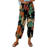 ASKSA Damen 7/8 Drucken Lange Hose Leinenhose Sommerhose Weitem Bein Freizeithose Leicht Lose Stoffhose (Schwarz,M)