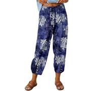 ASKSA Damen 7/8 Drucken Lange Hose Leinenhose Sommerhose Weitem Bein Freizeithose Leicht Lose Stoffhose (Blau,L)