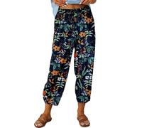 ASKSA Damen 7/8 Drucken Lange Hose Leinenhose Sommerhose Weitem Bein Freizeithose Leicht Lose Stoffhose (Orange,M)