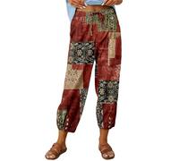 ASKSA Damen 7/8 Drucken Lange Hose Leinenhose Sommerhose Weitem Bein Freizeithose Leicht Lose Stoffhose (Rot,L)