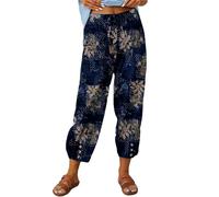 ASKSA Damen 7/8 Drucken Lange Hose Leinenhose Sommerhose Weitem Bein Freizeithose Leicht Lose Stoffhose (Navy blau,L)
