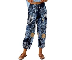 ASKSA Damen 7/8 Drucken Lange Hose Leinenhose Sommerhose Weitem Bein Freizeithose Leicht Lose Stoffhose (Dunkelblau,S)