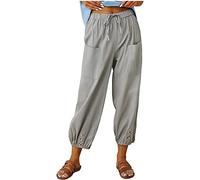 ASKSA Damen 7/8 Länge Hose Weitem Bein Freizeithose Leicht Sommerhose Lose Casual Leinenhose mit Taschen (Hellgrau,L)