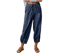 ASKSA Damen 7/8 Länge Hose Weitem Bein Freizeithose Leicht Sommerhose Lose Casual Leinenhose mit Taschen (Navy blau,XXL)