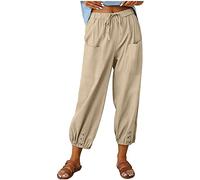 ASKSA Damen 7/8 Länge Hose Weitem Bein Freizeithose Leicht Sommerhose Lose Casual Leinenhose mit Taschen (Khaki,XXL)