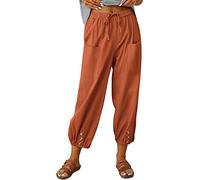 ASKSA Damen 7/8 Länge Hose Weitem Bein Freizeithose Leicht Sommerhose Lose Casual Leinenhose mit Taschen (Ziegelrot,3XL)