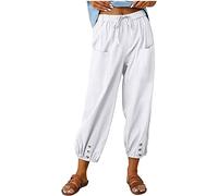 ASKSA Damen 7/8 Länge Hose Weitem Bein Freizeithose Leicht Sommerhose Lose Casual Leinenhose mit Taschen (Weiß,M)