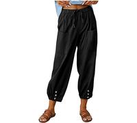 ASKSA Damen 7/8 Länge Hose Weitem Bein Freizeithose Leicht Sommerhose Lose Casual Leinenhose mit Taschen (Schwarz,M)