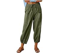 ASKSA Damen 7/8 Länge Hose Weitem Bein Freizeithose Leicht Sommerhose Lose Casual Leinenhose mit Taschen (Armeegrün,L)