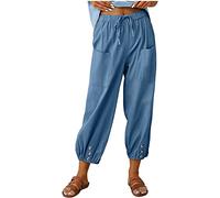 ASKSA Damen 7/8 Länge Hose Weitem Bein Freizeithose Leicht Sommerhose Lose Casual Leinenhose mit Taschen (Blau,XXL)